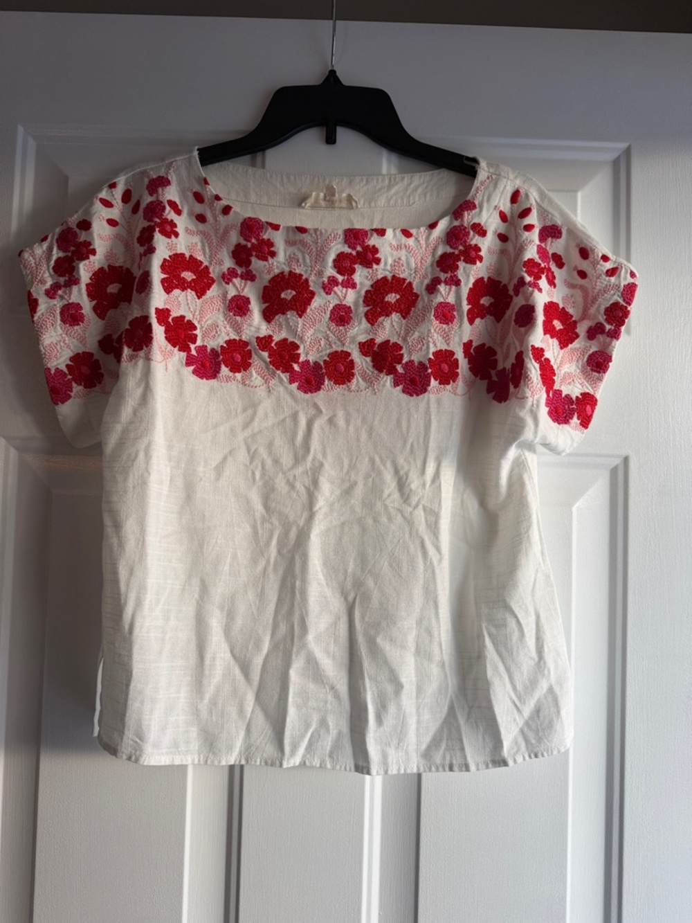 White Embroidered Floral Blouse with Pink-Red Accents